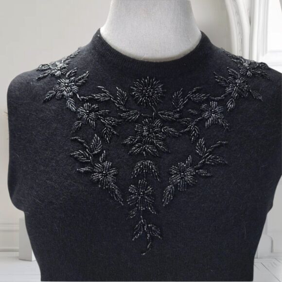 Vintage 60s Cashmere Midi Shift Dress Size M Beaded Crew Neckline Mod Sleeveless - Picture 4 of 14